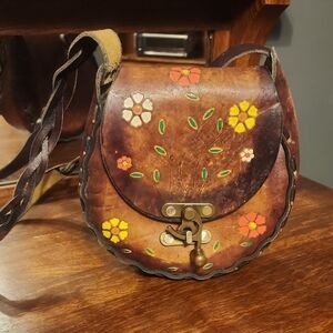Vintage Floral Leather Crossbody Bag